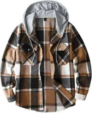 Hooded Plaid Shirt for Men Cotton Long Sleeve Button Casual Jacket Autumn Sport Street Style Hoodies with Pocket