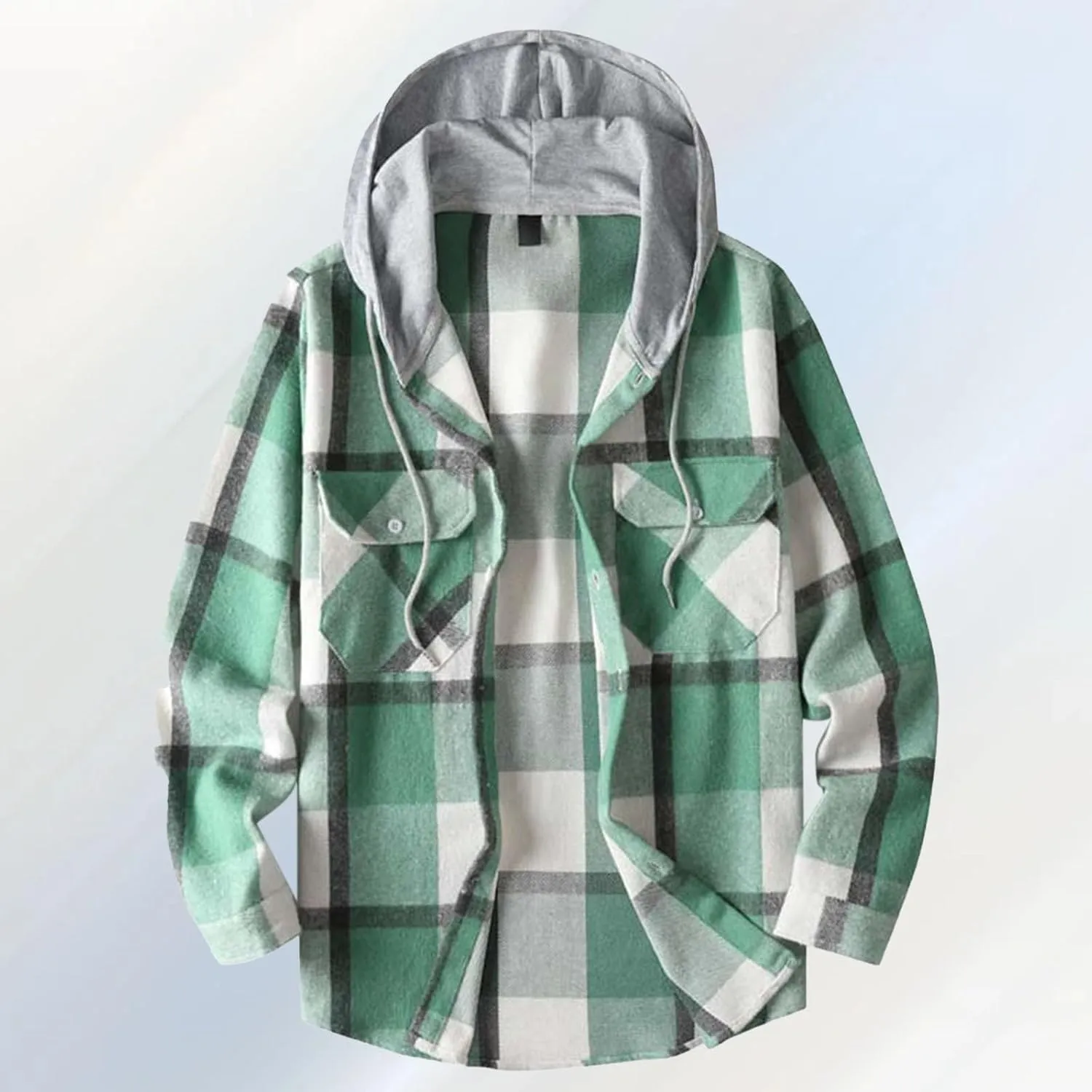 Hooded Plaid Shirt for Men Cotton Long Sleeve Button Casual Jacket Autumn Sport Street Style Hoodies with Pocket