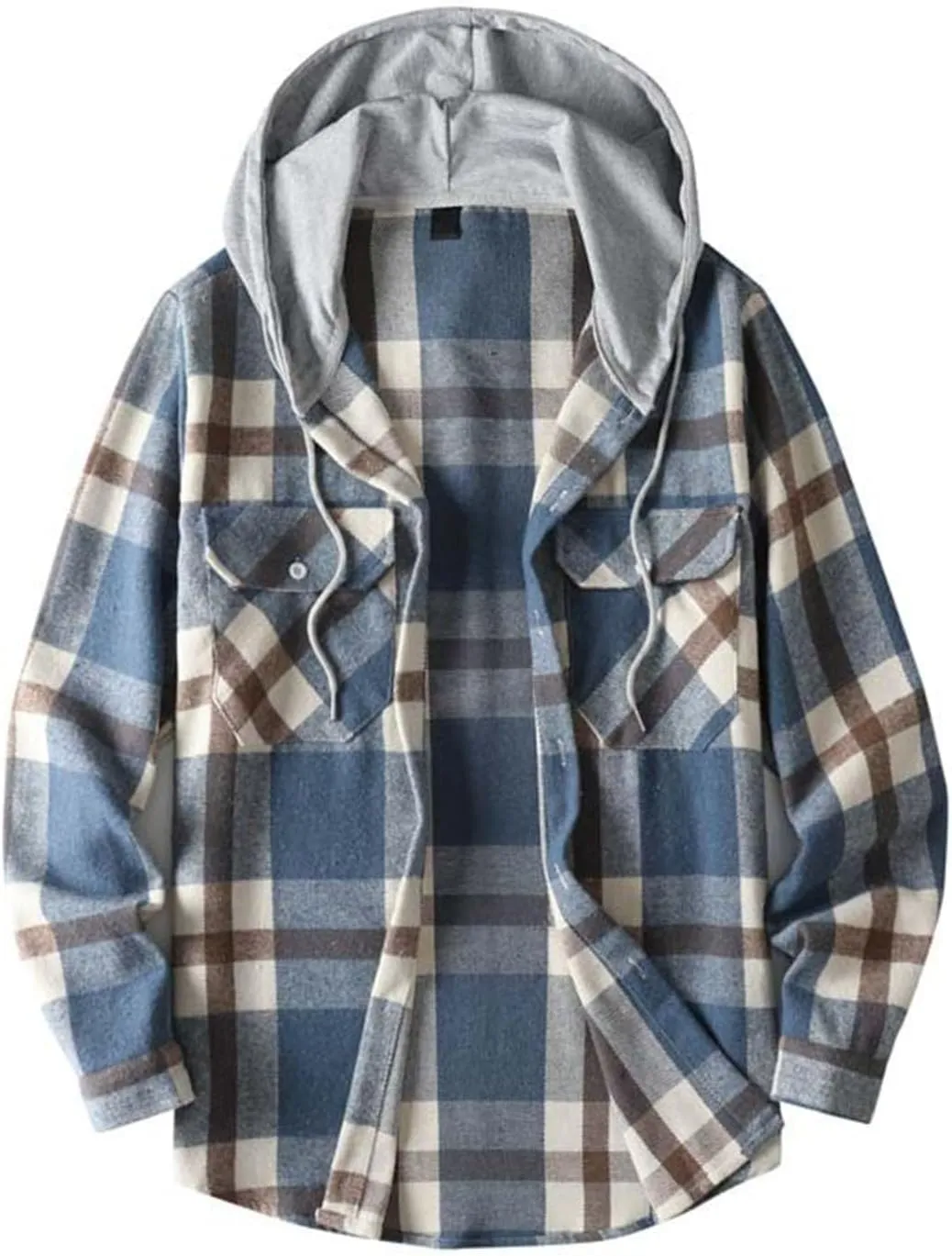 Hooded Plaid Shirt for Men Cotton Long Sleeve Button Casual Jacket Autumn Sport Street Style Hoodies with Pocket