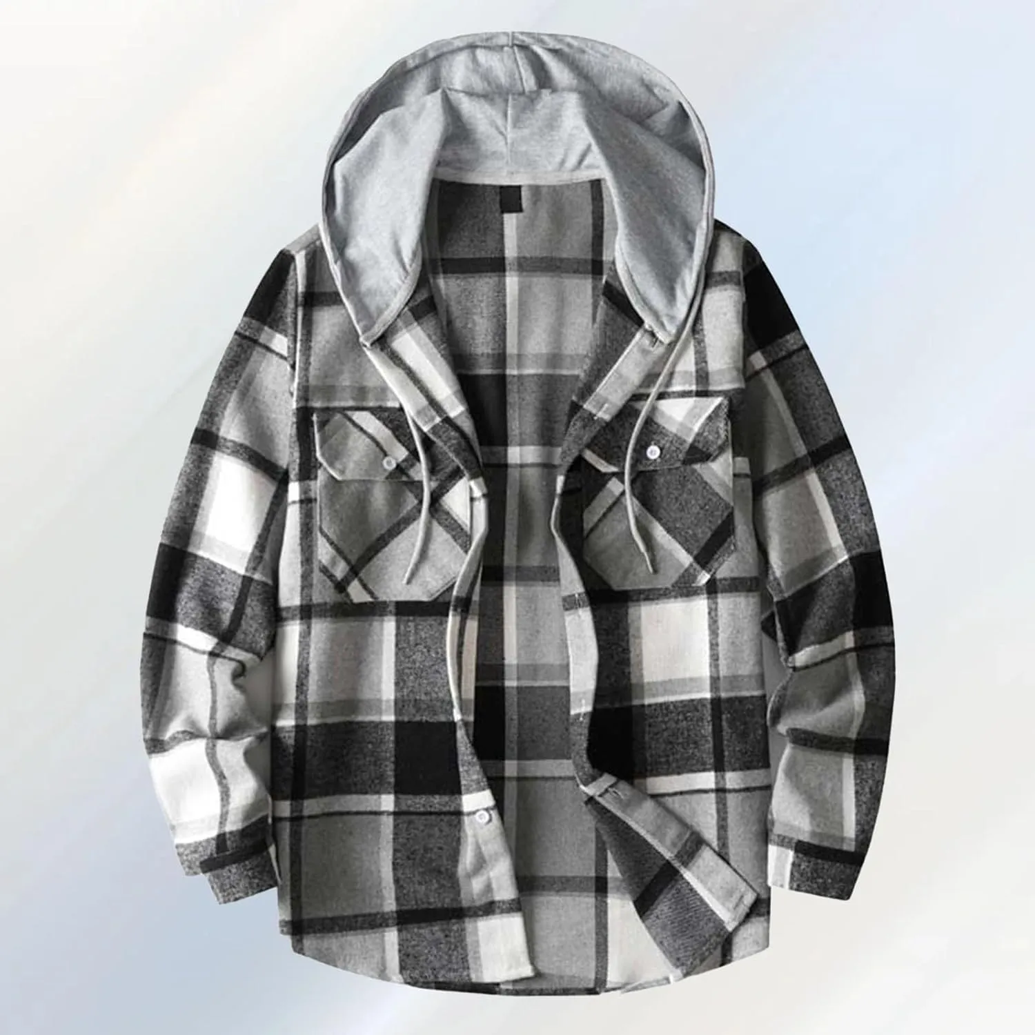 Hooded Plaid Shirt for Men Cotton Long Sleeve Button Casual Jacket Autumn Sport Street Style Hoodies with Pocket