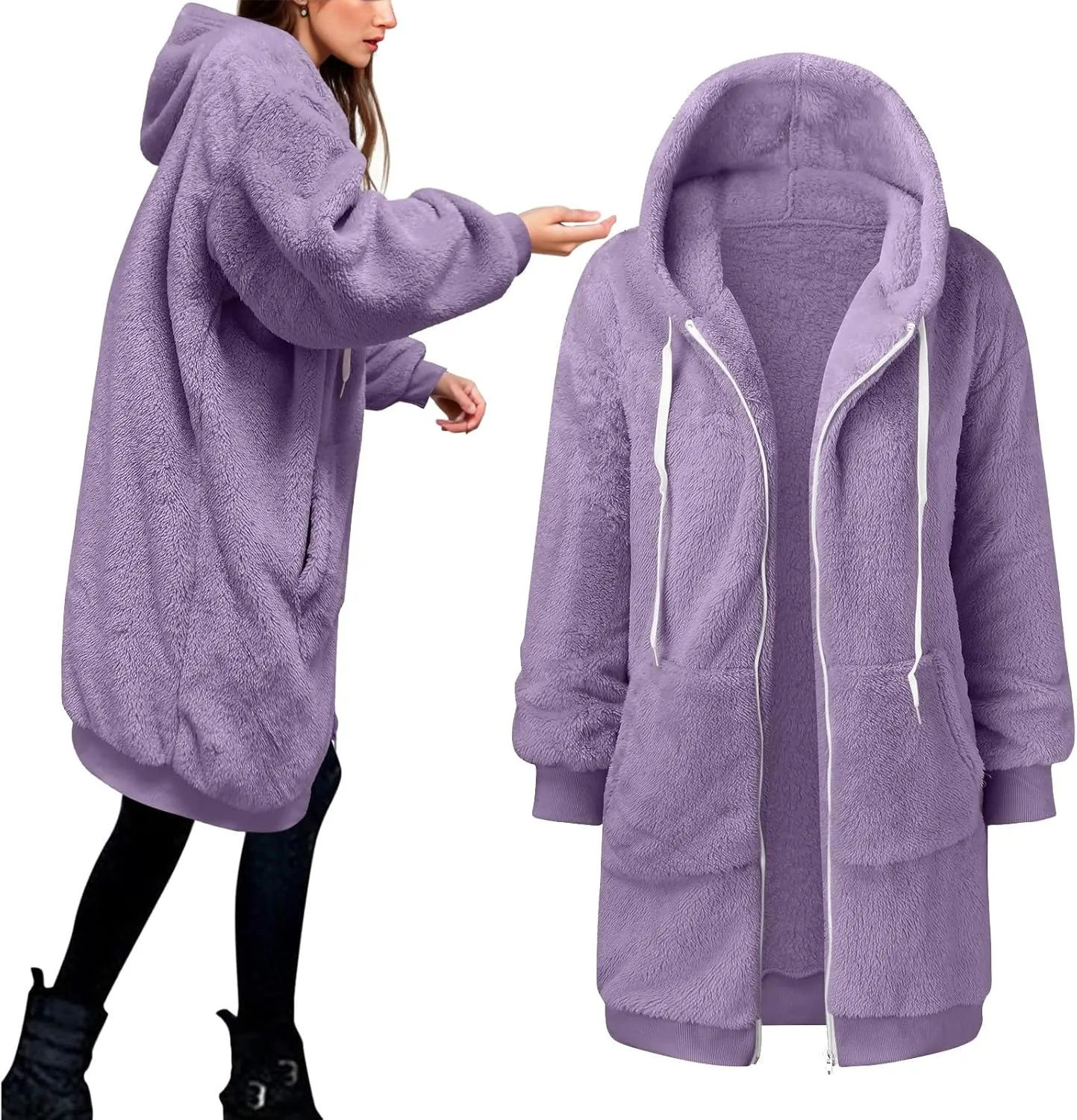 iLH Womens Full Zip Long Hoodies Fleece Soft Cozy Hooded Sweatshirts For Women Fall Winter Leisure Ovrsized Long Jacket