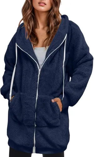 iLH Womens Full Zip Long Hoodies Fleece Soft Cozy Hooded Sweatshirts For Women Fall Winter Leisure Ovrsized Long Jacket