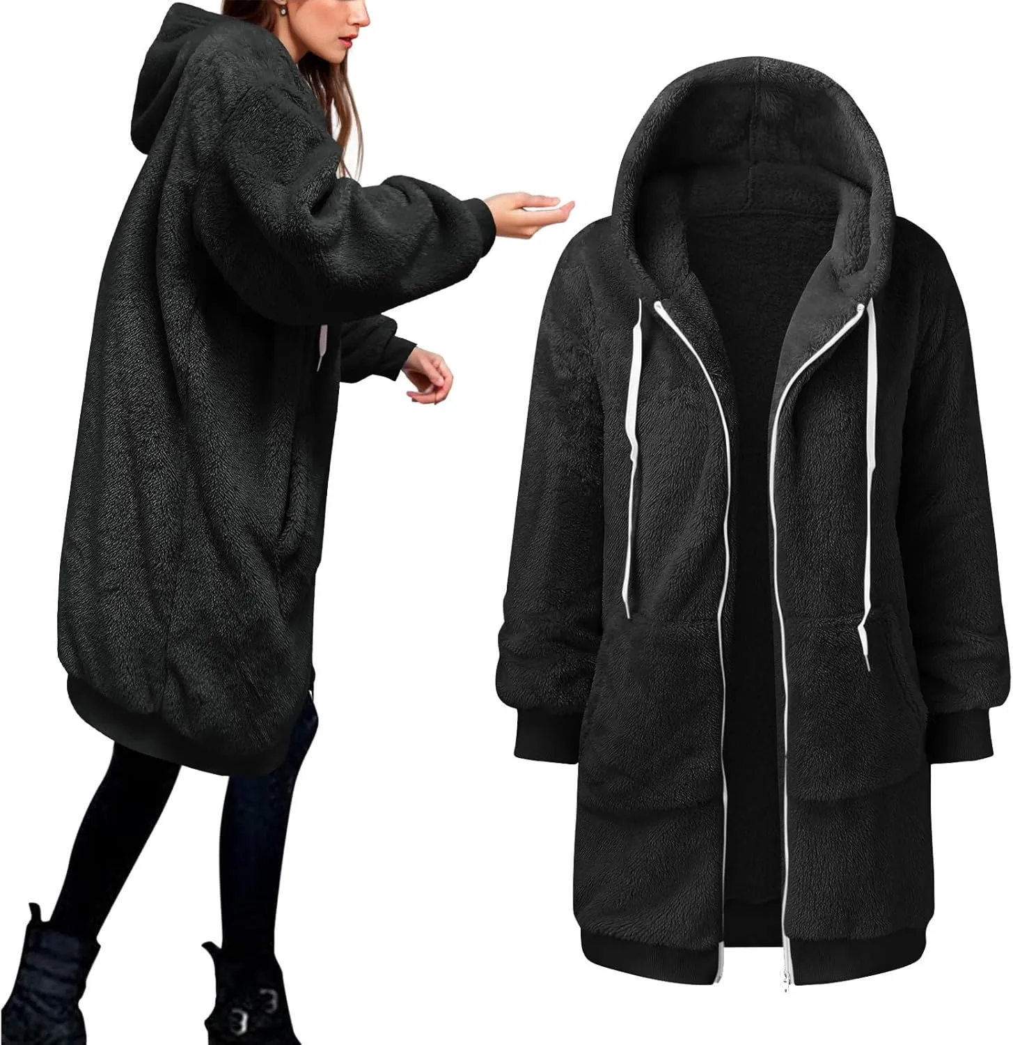 iLH Womens Full Zip Long Hoodies Fleece Soft Cozy Hooded Sweatshirts For Women Fall Winter Leisure Ovrsized Long Jacket