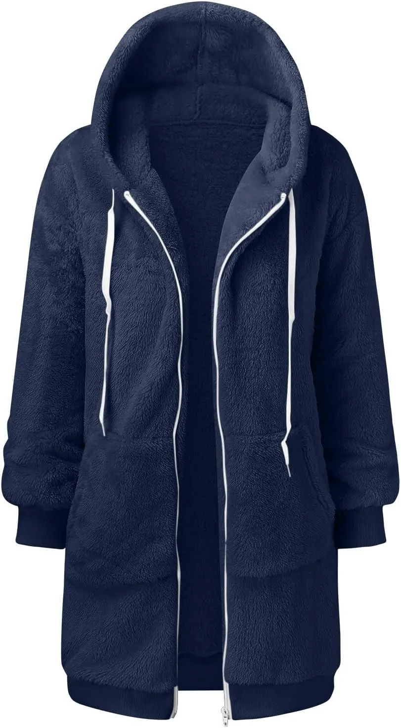 iLH Womens Full Zip Long Hoodies Fleece Soft Cozy Hooded Sweatshirts For Women Fall Winter Leisure Ovrsized Long Jacket