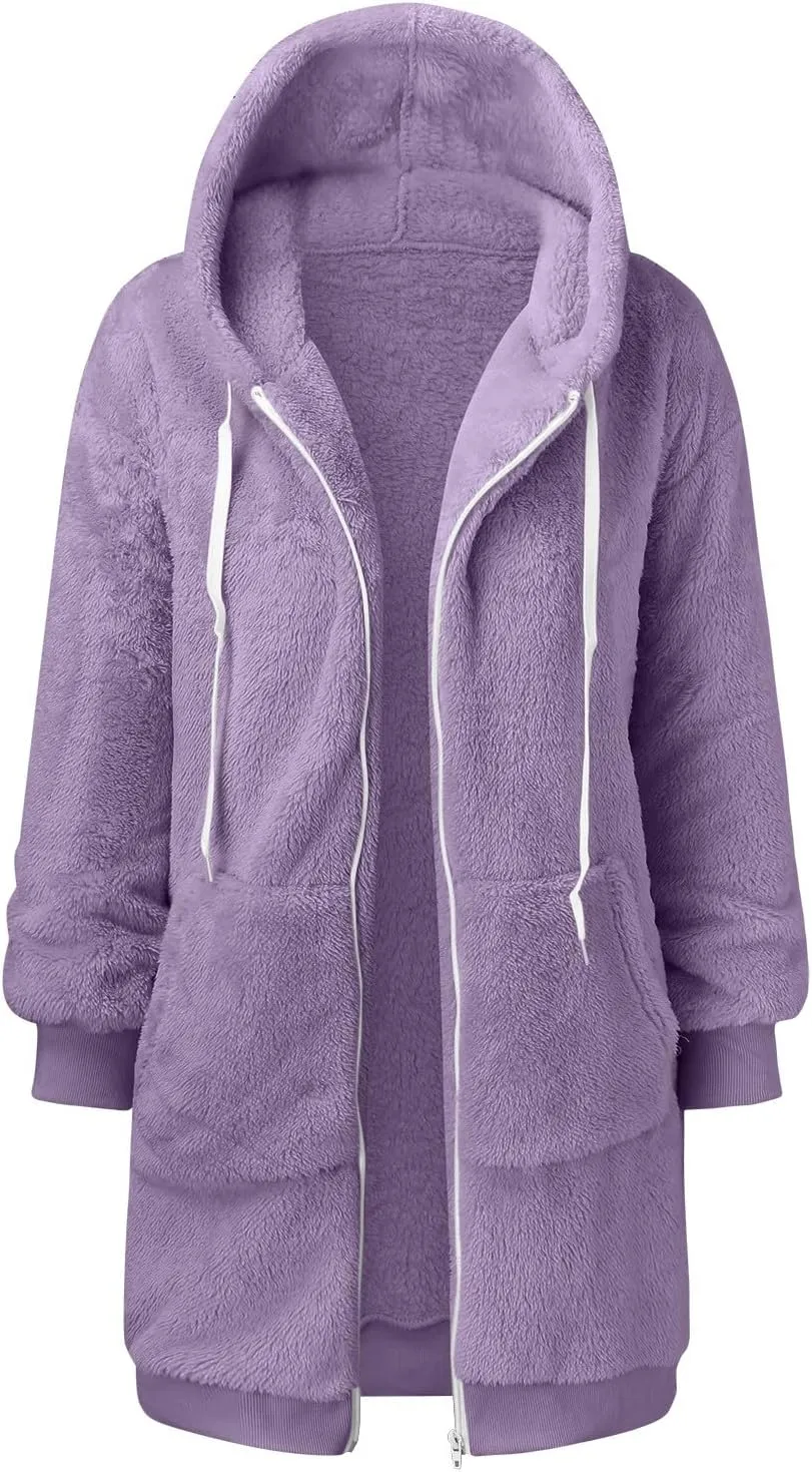 iLH Womens Full Zip Long Hoodies Fleece Soft Cozy Hooded Sweatshirts For Women Fall Winter Leisure Ovrsized Long Jacket