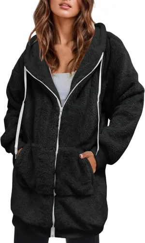iLH Womens Full Zip Long Hoodies Fleece Soft Cozy Hooded Sweatshirts For Women Fall Winter Leisure Ovrsized Long Jacket
