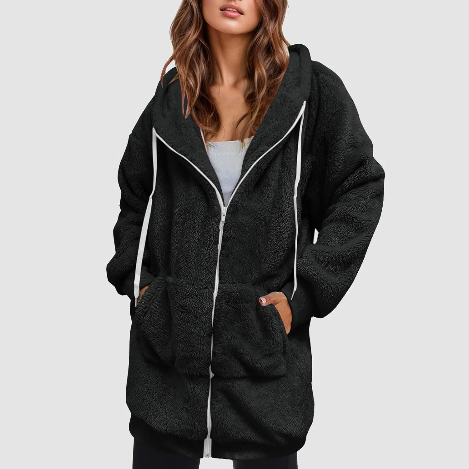 iLH Womens Full Zip Long Hoodies Fleece Soft Cozy Hooded Sweatshirts For Women Fall Winter Leisure Ovrsized Long Jacket