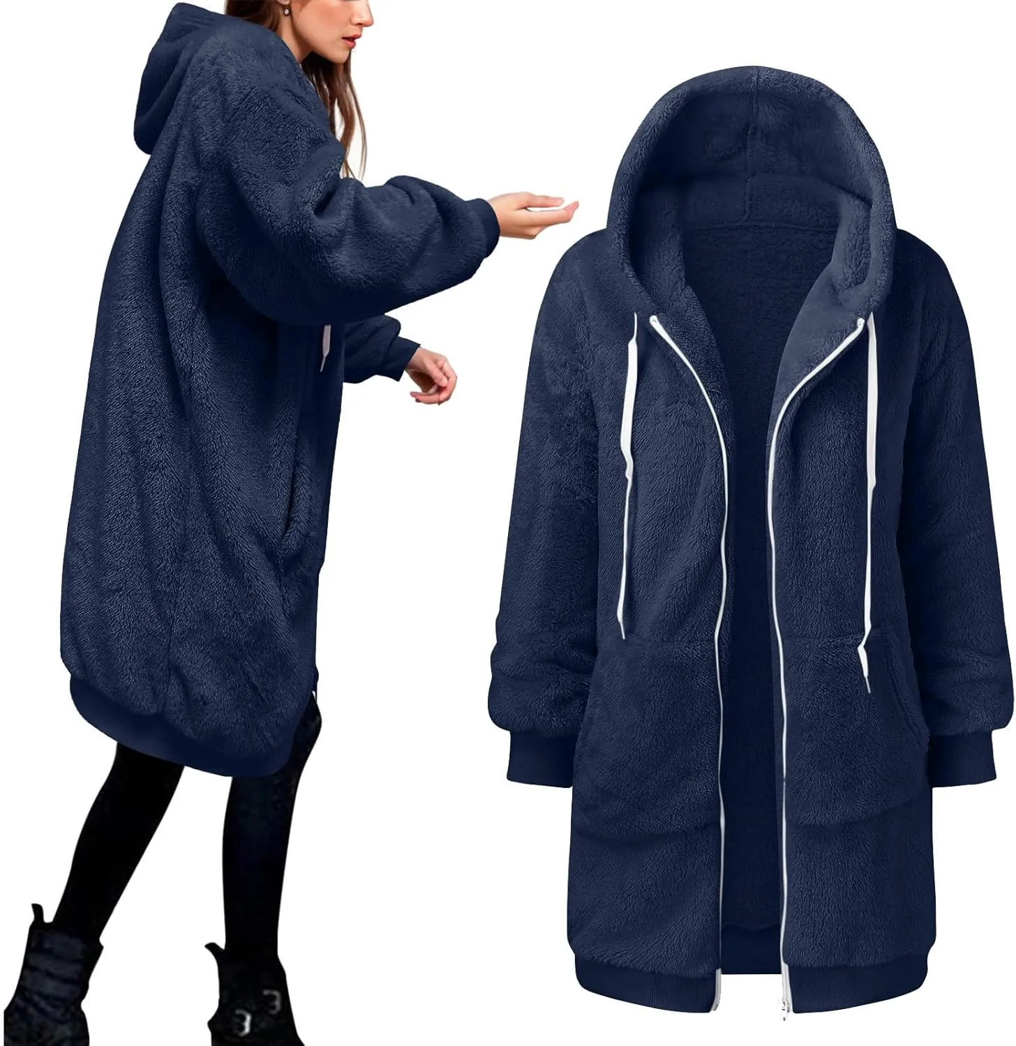 iLH Womens Full Zip Long Hoodies Fleece Soft Cozy Hooded Sweatshirts For Women Fall Winter Leisure Ovrsized Long Jacket