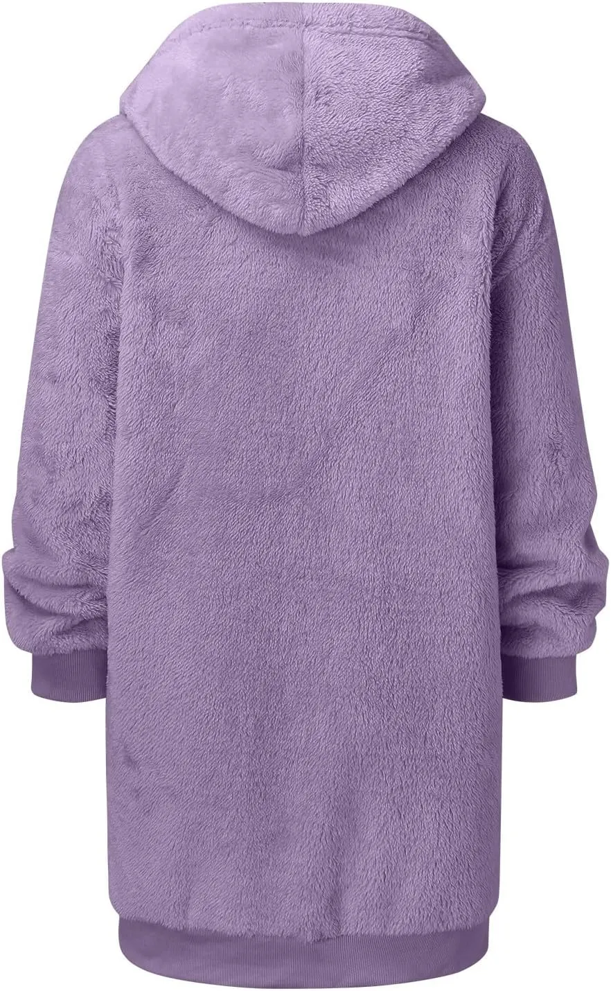 iLH Womens Full Zip Long Hoodies Fleece Soft Cozy Hooded Sweatshirts For Women Fall Winter Leisure Ovrsized Long Jacket