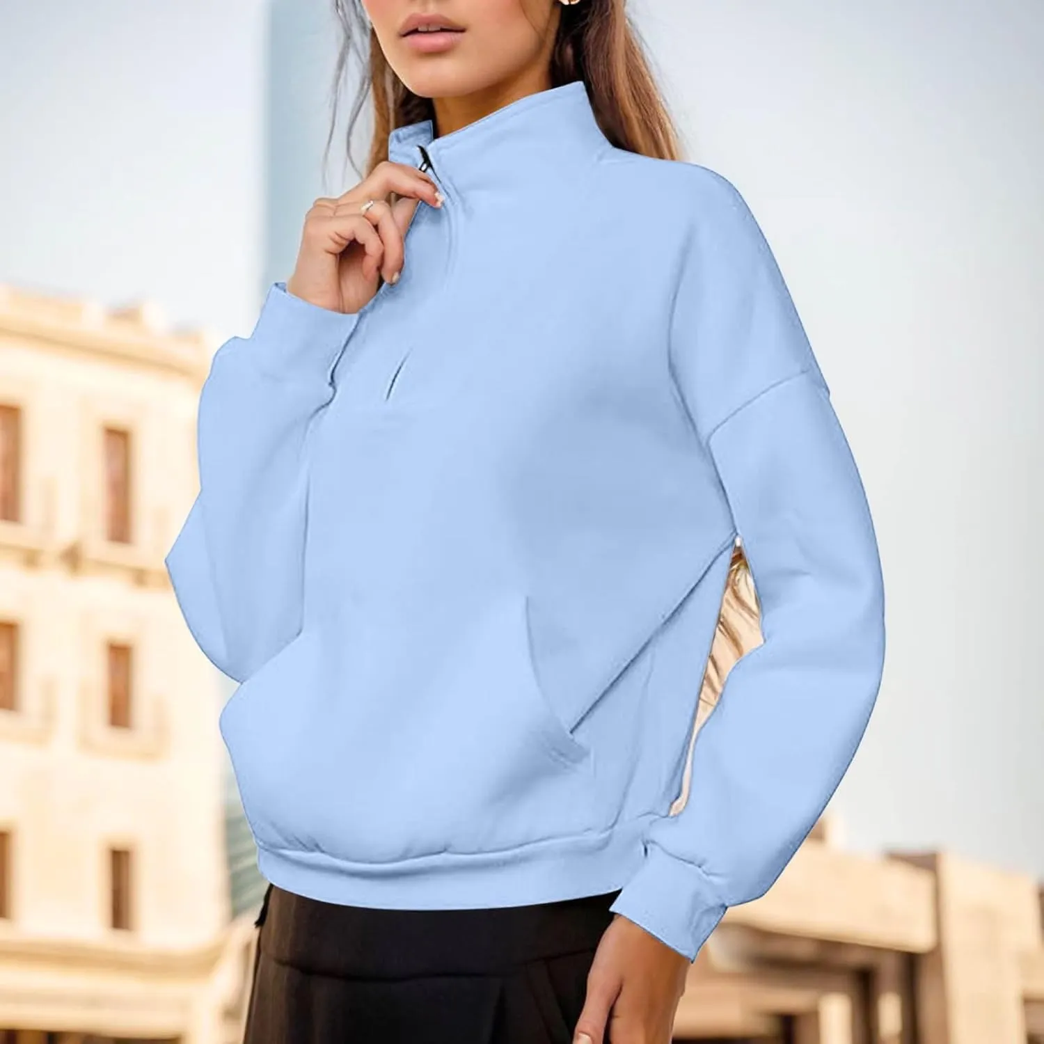 iLH Womens Zip Up Hoodies Trutleneck Stand Collar Kangaroo Pocket Pullover Sweatshirts For Women Fall Oudoor Leisure Hoodies