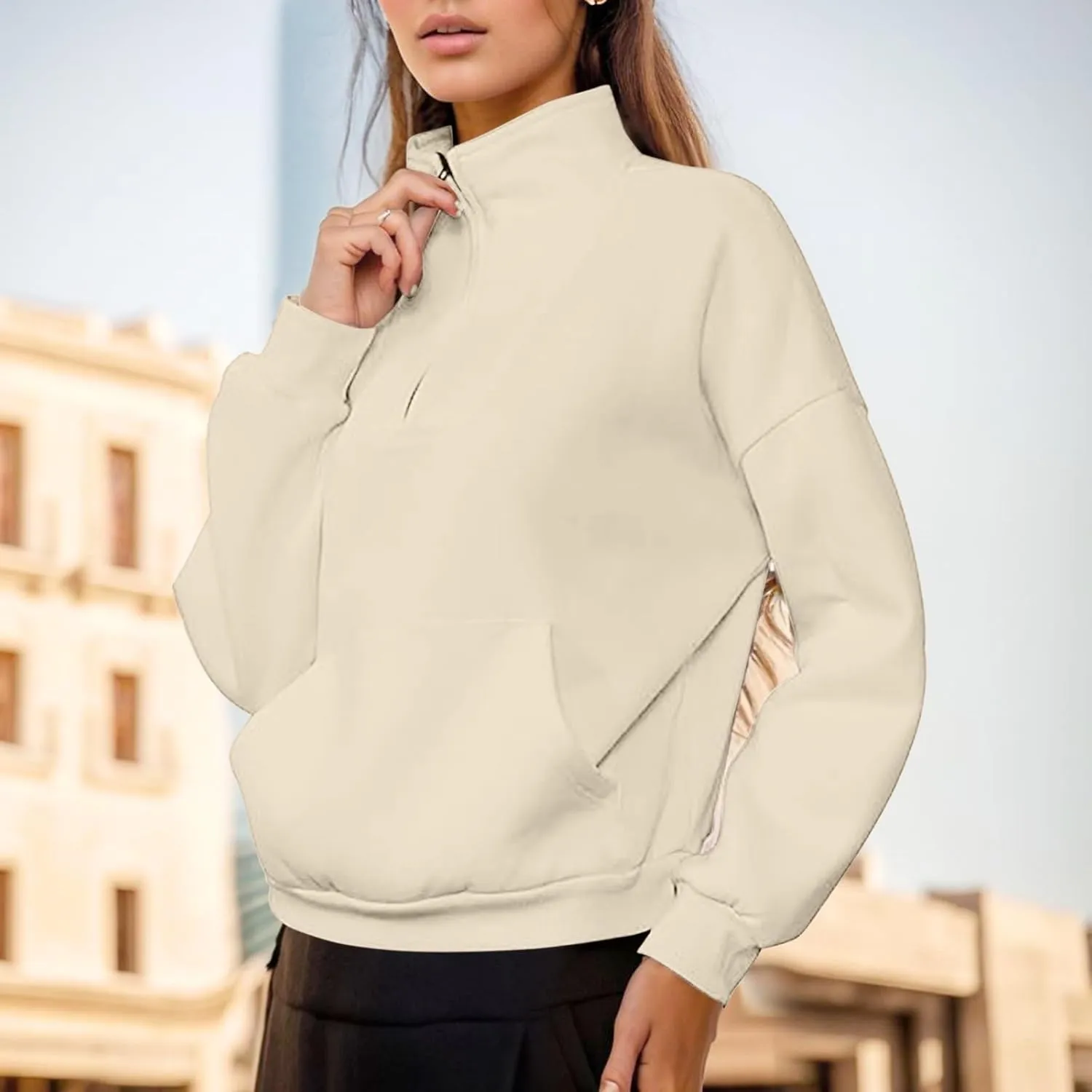 iLH Womens Zip Up Hoodies Trutleneck Stand Collar Kangaroo Pocket Pullover Sweatshirts For Women Fall Oudoor Leisure Hoodies