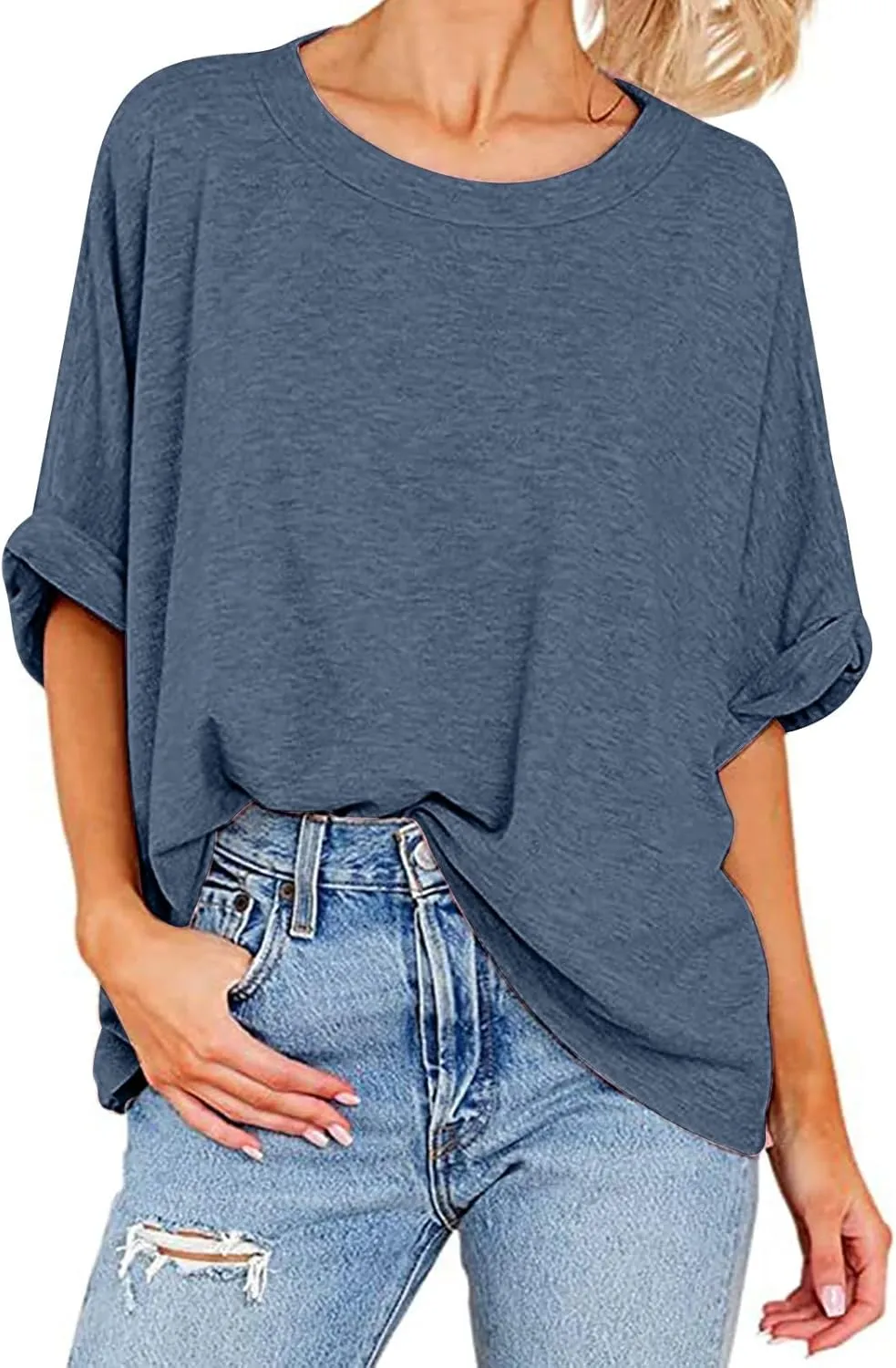 JOAU Women's Oversized T-Shirt Summer Casual Loose Fit Rolled Short Sleeve Round Neck Basic Tops Workout Gym Tee Shirts