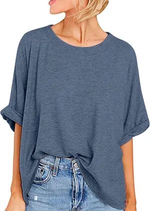 JOAU Women's Oversized T-Shirt Summer Casual Loose Fit Rolled Short Sleeve Round Neck Basic Tops Workout Gym Tee Shirts