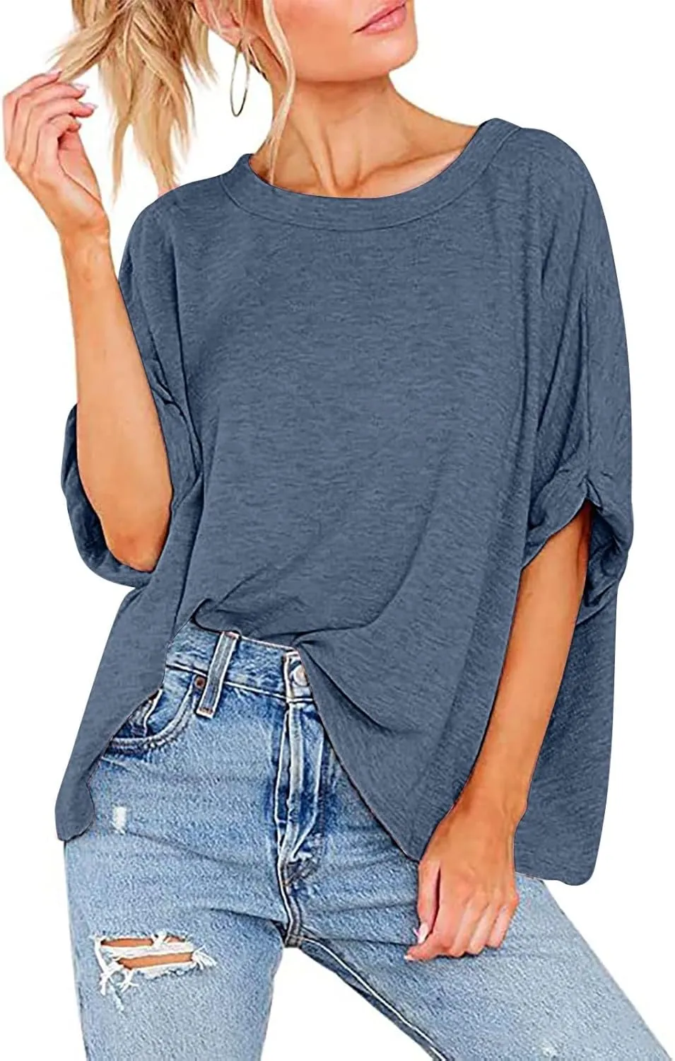 JOAU Women's Oversized T-Shirt Summer Casual Loose Fit Rolled Short Sleeve Round Neck Basic Tops Workout Gym Tee Shirts
