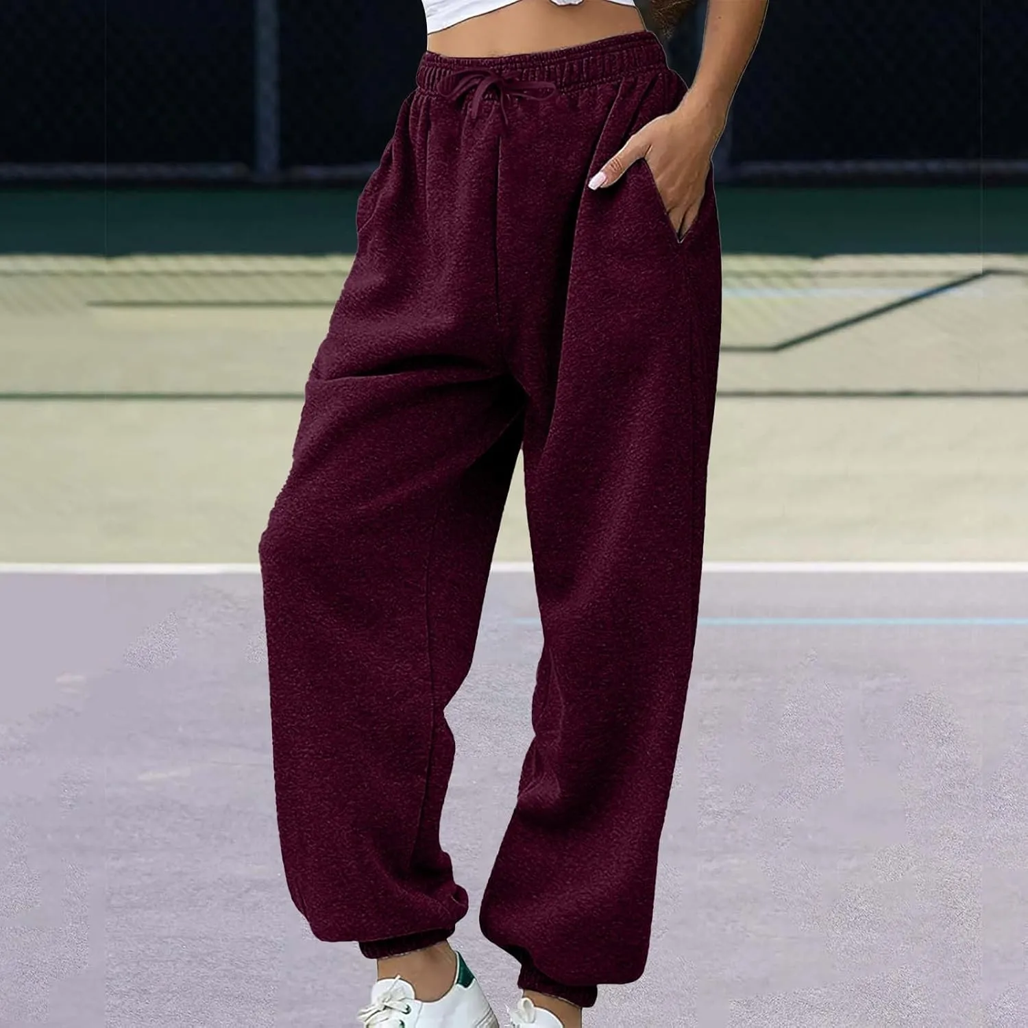 Joggers for Women with Pockets Plus Size Lounge Drawstring Wide Leg Straight Sweatpants Cute High W