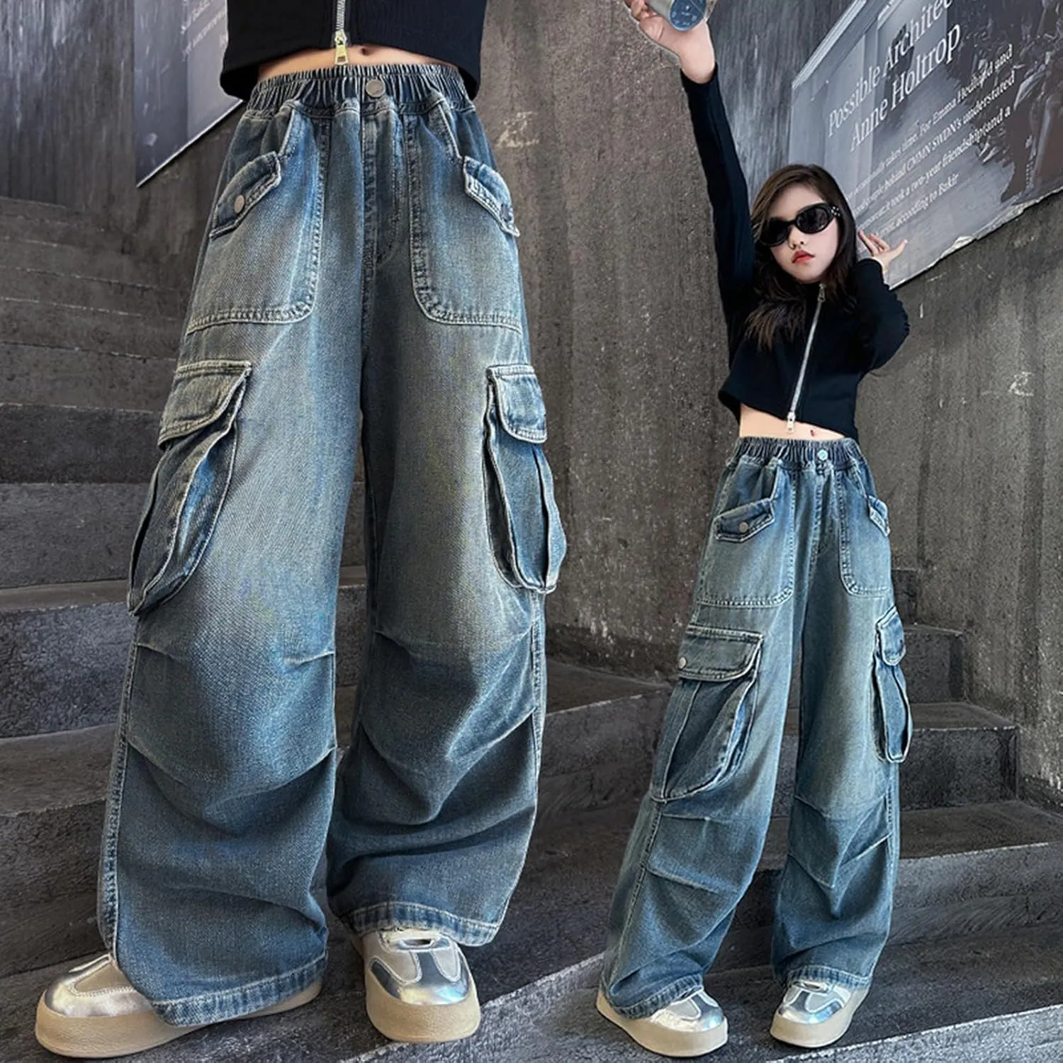 Kids Girls Baggy Jeans Casual Jeans Wide Leg Loose Wide Leg Jeans Modern Exercise Denim Stretchy Training Relaxed Fit