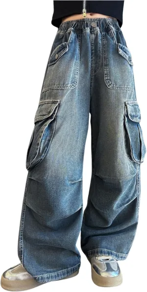 Kids Girls Baggy Jeans Casual Jeans Wide Leg Loose Wide Leg Jeans Modern Exercise Denim Stretchy Training Relaxed Fit