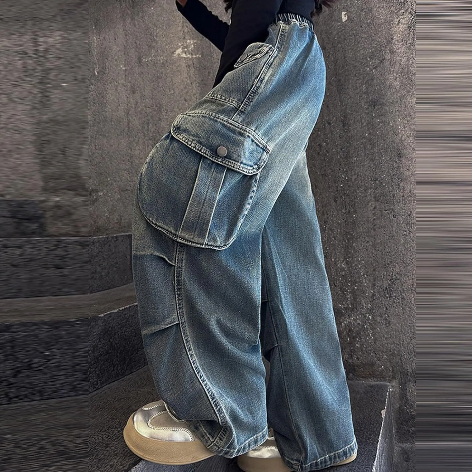 Kids Girls Baggy Jeans Casual Jeans Wide Leg Loose Wide Leg Jeans Modern Exercise Denim Stretchy Training Relaxed Fit