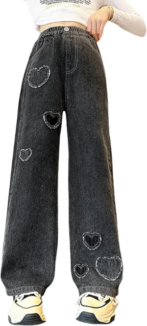 Kids Girls Baggy Jeans Heart Print Casual Wide Leg Loose fit Denim Pants Size 5-14 Years