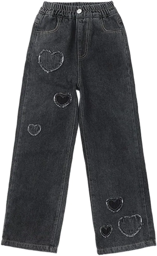 Kids Girls Baggy Jeans Heart Print Casual Wide Leg Loose fit Denim Pants Size 5-14 Years