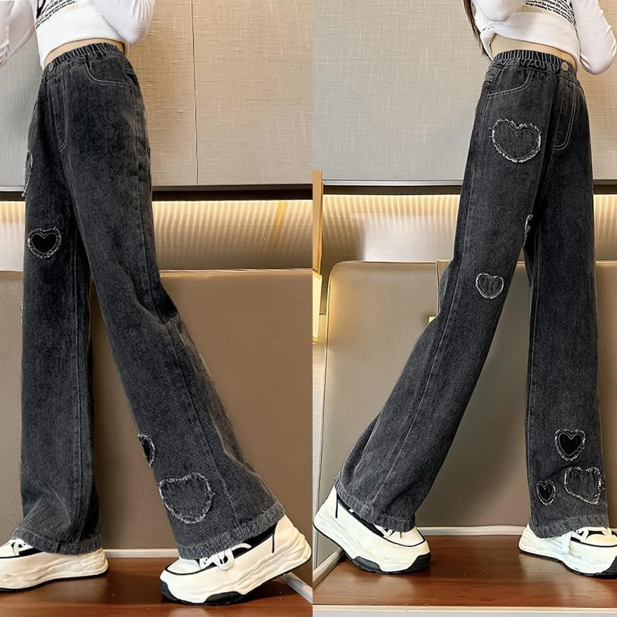 Kids Girls Baggy Jeans Heart Print Casual Wide Leg Loose fit Denim Pants Size 5-14 Years
