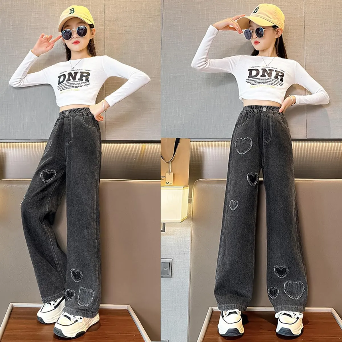 Kids Girls Baggy Jeans Heart Print Casual Wide Leg Loose fit Denim Pants Size 5-14 Years
