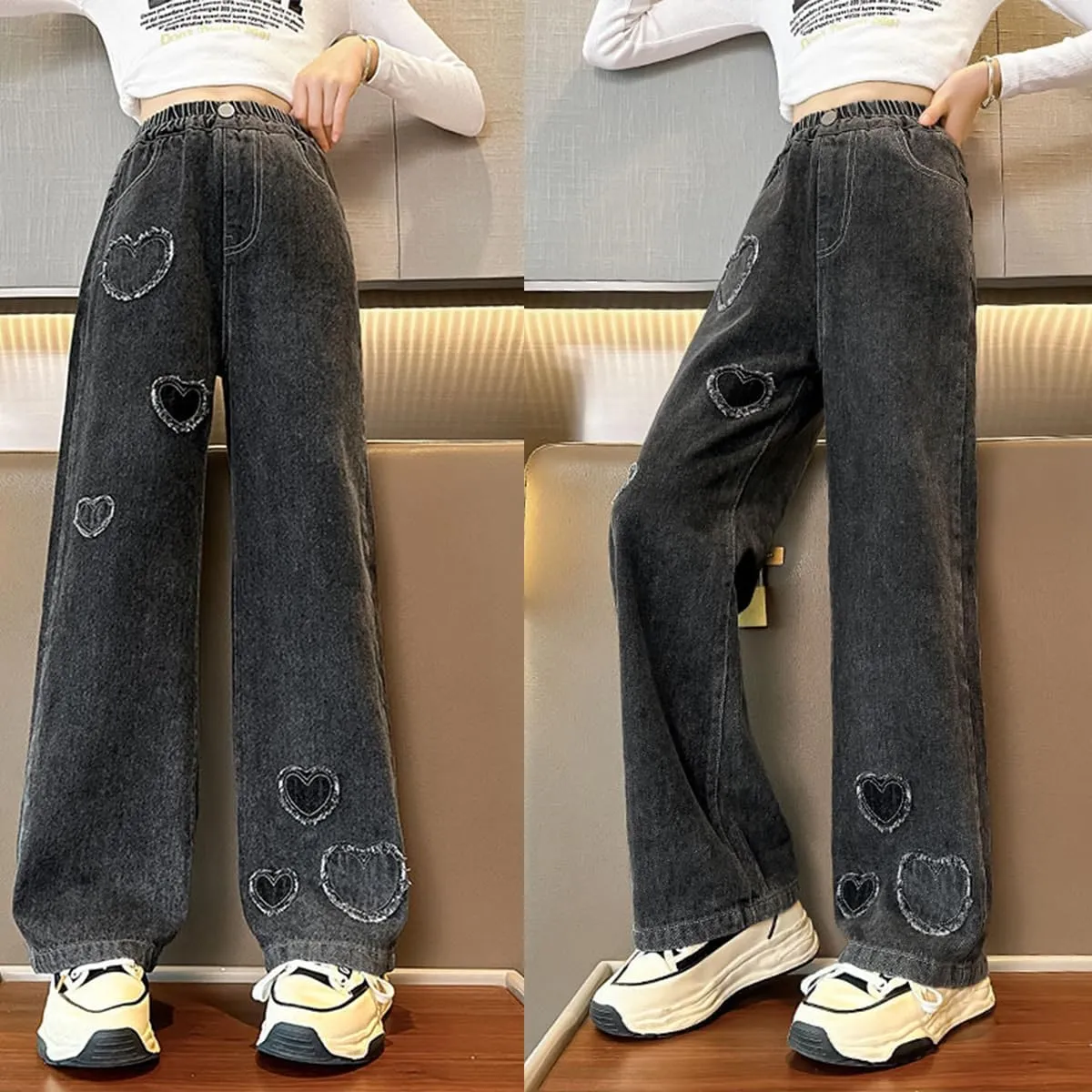 Kids Girls Baggy Jeans Heart Print Casual Wide Leg Loose fit Denim Pants Size 5-14 Years