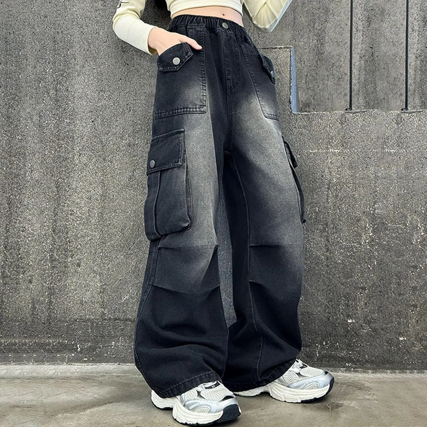 Kids Girls Baggy Streetwear Denim Jeans Teens Wide Leg Flare High Elastic Waist Cargo Pants Y2K Distressed Washed Pants