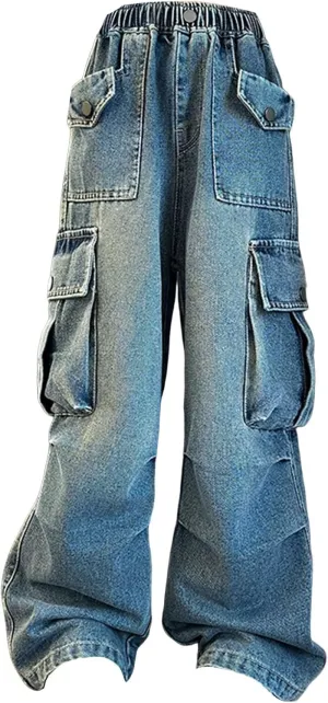 Kids Girls Baggy Streetwear Denim Jeans Teens Wide Leg Flare High Elastic Waist Cargo Pants Y2K Distressed Washed Pants