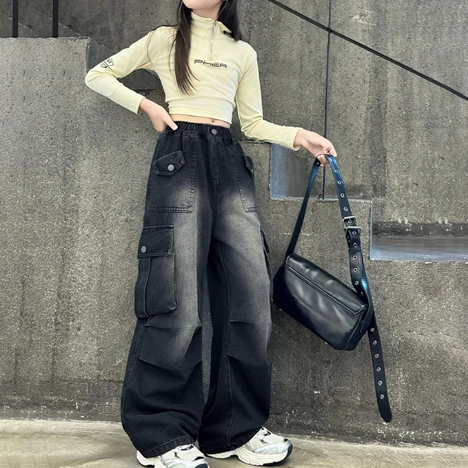 Kids Girls Baggy Streetwear Denim Jeans Teens Wide Leg Flare High Elastic Waist Cargo Pants Y2K Distressed Washed Pants