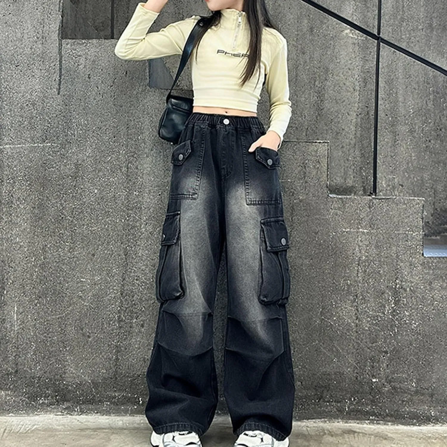 Kids Girls Baggy Streetwear Denim Jeans Teens Wide Leg Flare High Elastic Waist Cargo Pants Y2K Distressed Washed Pants