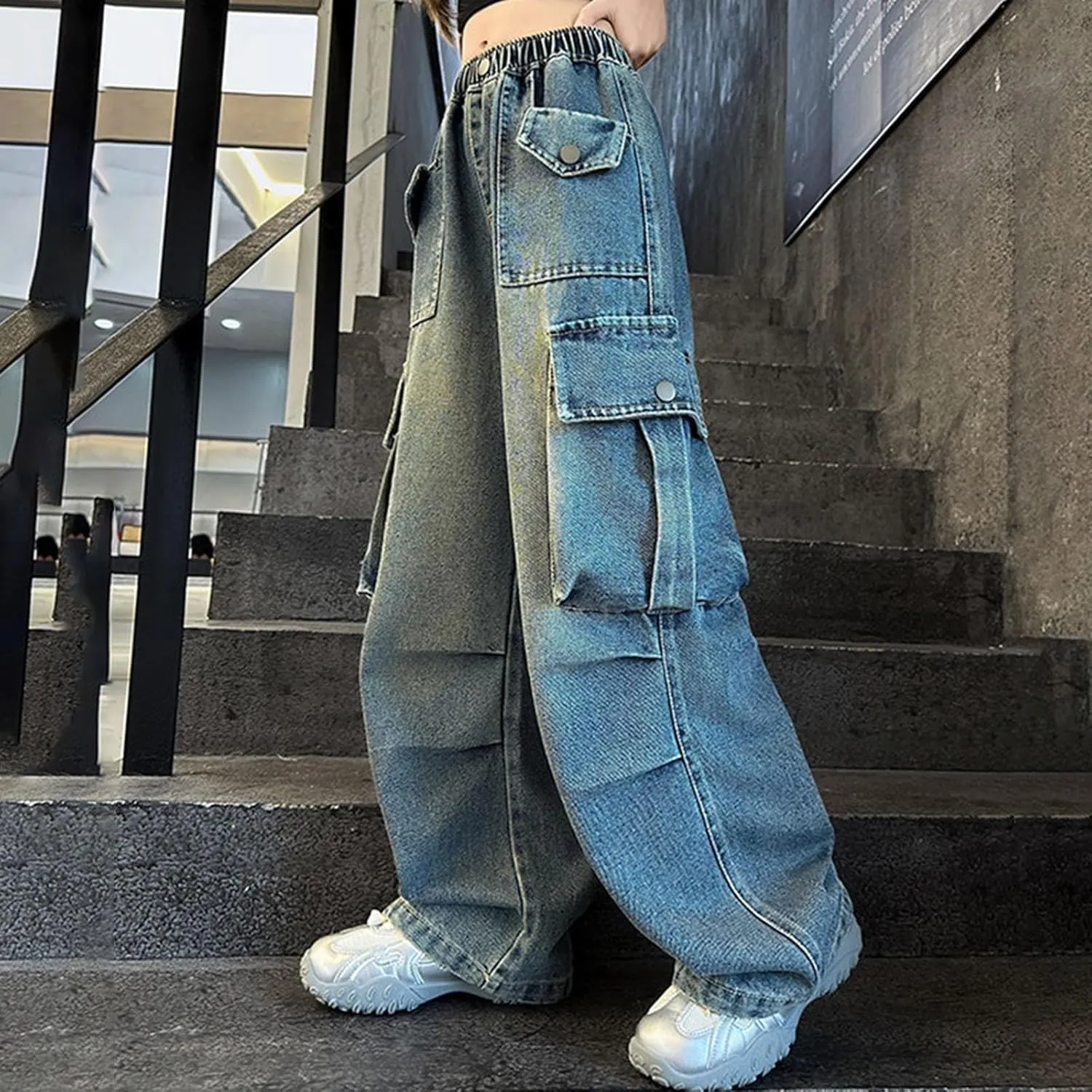 Kids Girls Baggy Streetwear Denim Jeans Teens Wide Leg Flare High Elastic Waist Cargo Pants Y2K Distressed Washed Pants