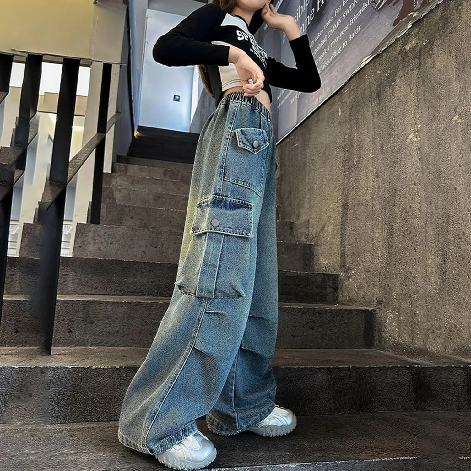 Kids Girls Baggy Streetwear Denim Jeans Teens Wide Leg Flare High Elastic Waist Cargo Pants Y2K Distressed Washed Pants