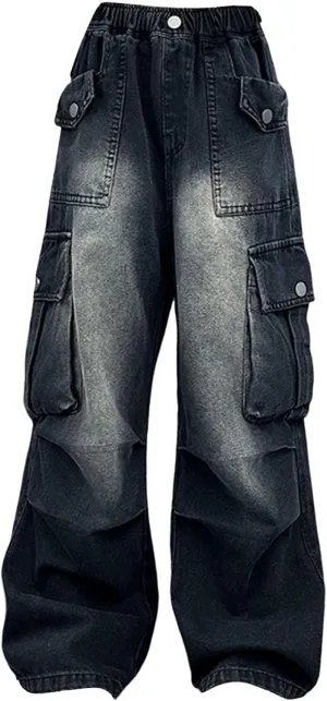 Kids Girls Baggy Streetwear Denim Jeans Teens Wide Leg Flare High Elastic Waist Cargo Pants Y2K Distressed Washed Pants