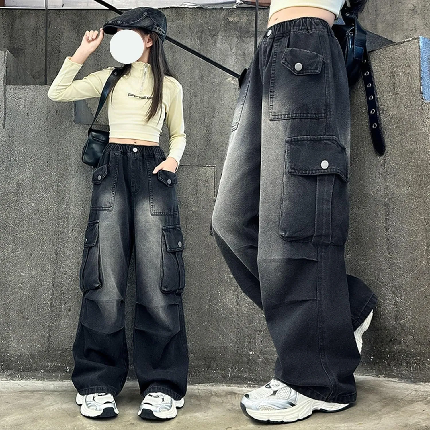 Kids Girls Baggy Streetwear Denim Jeans Teens Wide Leg Flare High Elastic Waist Cargo Pants Y2K Distressed Washed Pants