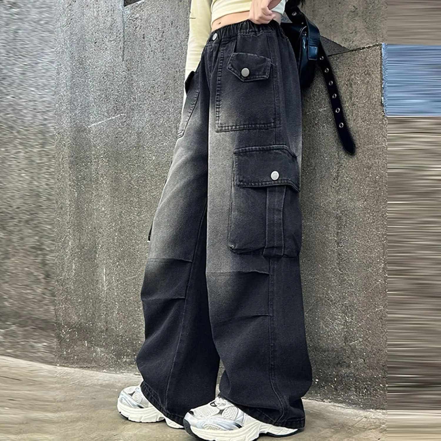 Kids Girls Baggy Streetwear Denim Jeans Teens Wide Leg Flare High Elastic Waist Cargo Pants Y2K Distressed Washed Pants