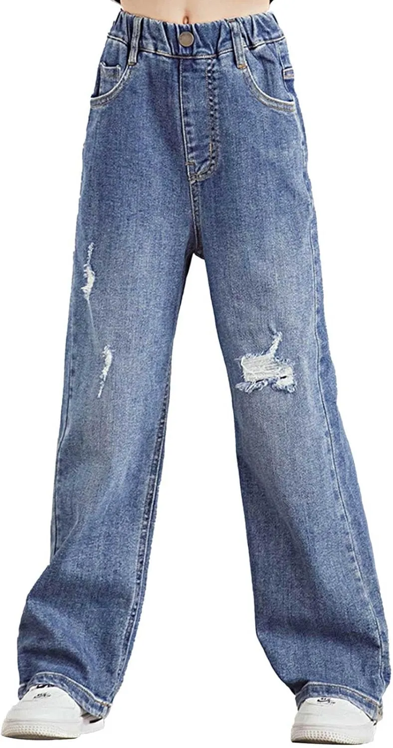 Kids Girls Casual Ripped Washed Jeans Denim Pants Wide Leg Loose Straight Baggy Trousers Distressed Bottoms