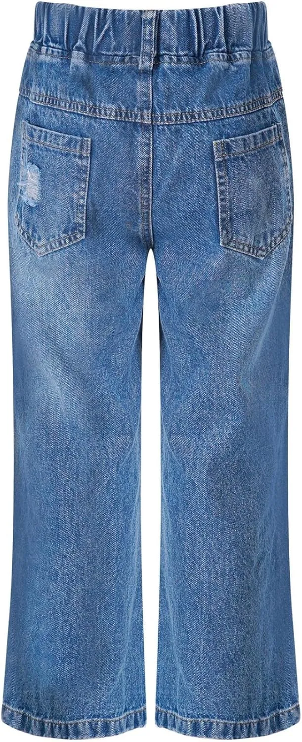 Kids Girls Casual Ripped Washed Jeans Denim Pants Wide Leg Loose Straight Baggy Trousers Distressed Bottoms