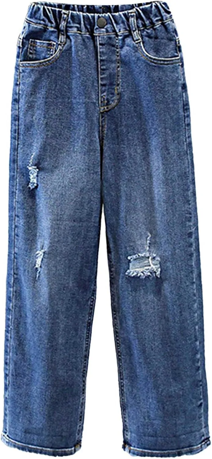 Kids Girls Casual Ripped Washed Jeans Denim Pants Wide Leg Loose Straight Baggy Trousers Distressed Bottoms