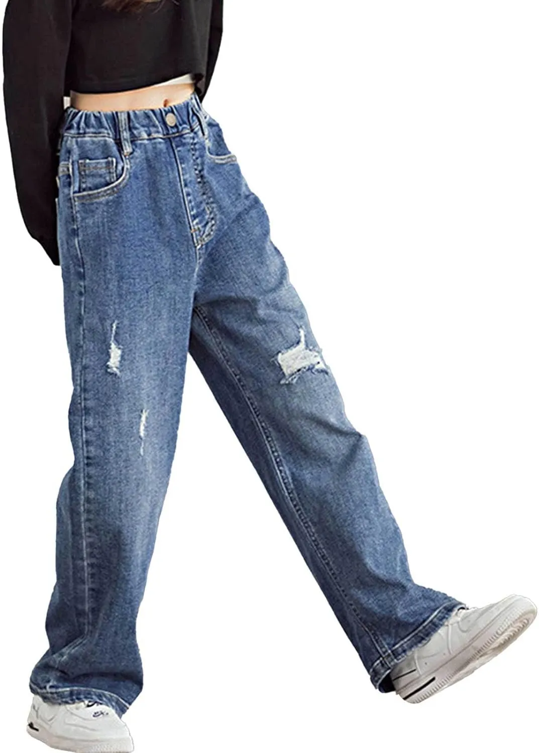 Kids Girls Casual Ripped Washed Jeans Denim Pants Wide Leg Loose Straight Baggy Trousers Distressed Bottoms