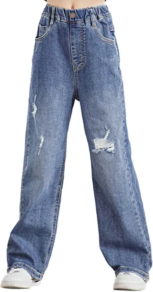 Kids Girls Casual Ripped Washed Jeans Denim Pants Wide Leg Loose Straight Baggy Trousers Distressed Bottoms