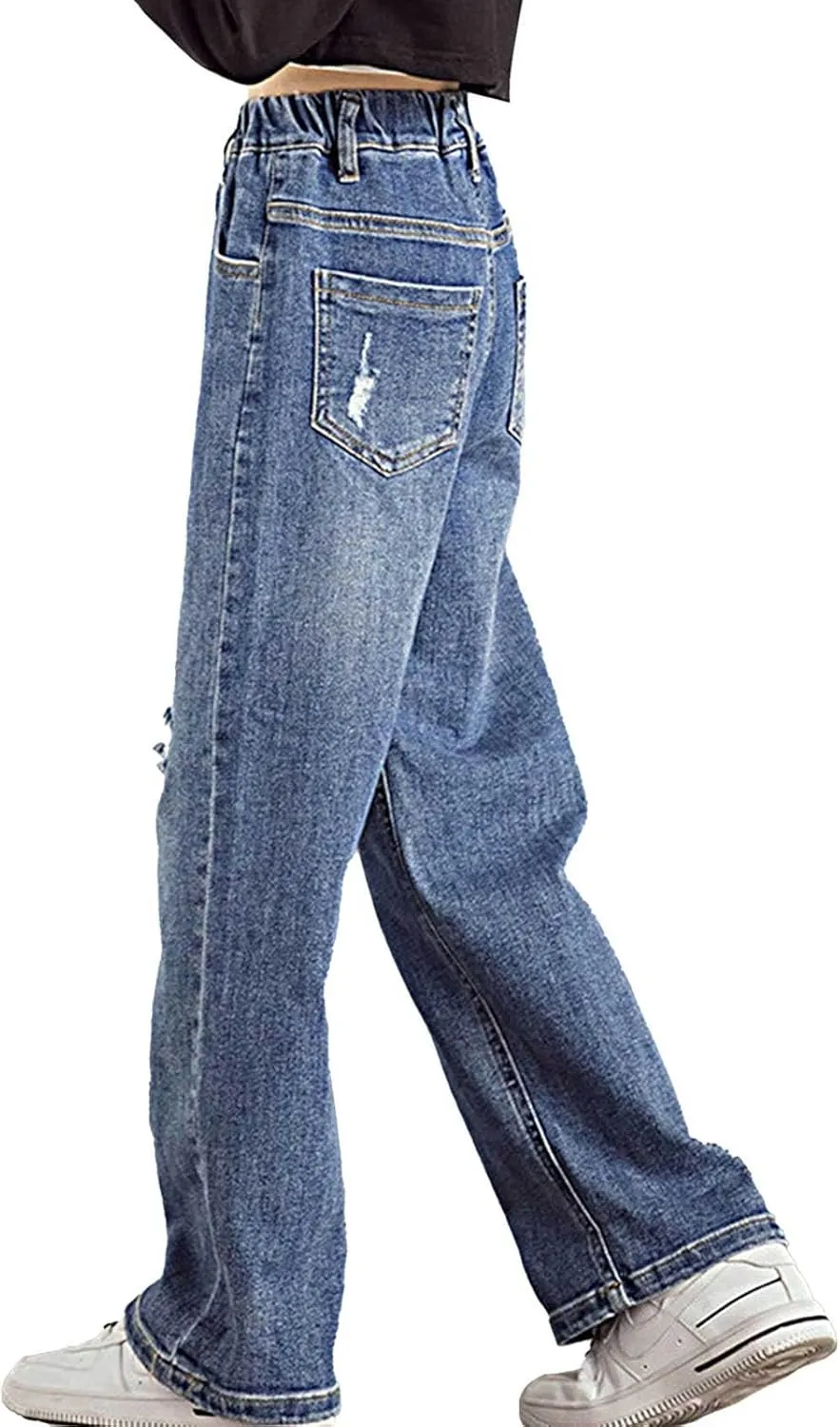 Kids Girls Casual Ripped Washed Jeans Denim Pants Wide Leg Loose Straight Baggy Trousers Distressed Bottoms