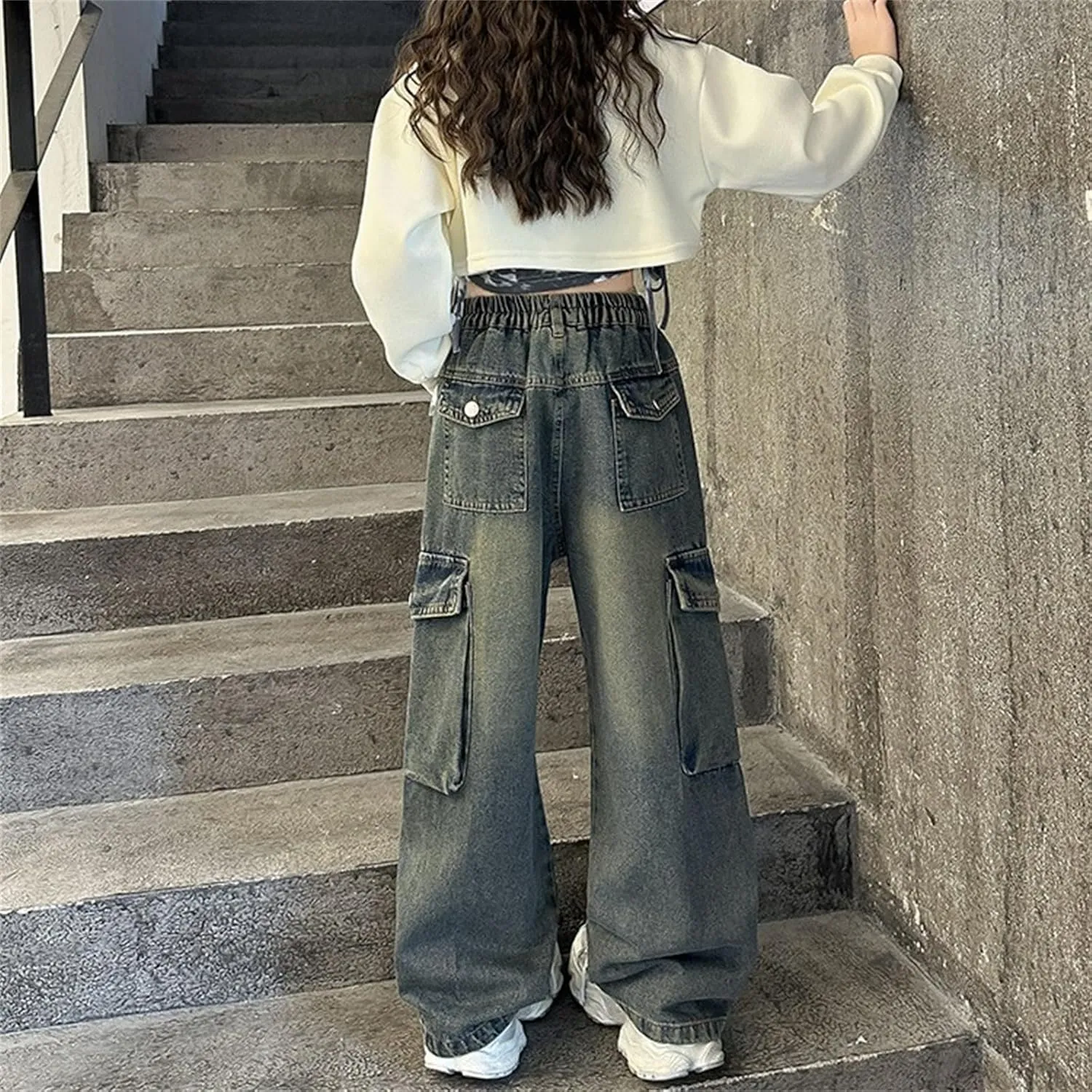 Kids Girls Denim Y2K Baggy Jeans Wide Leg Flare Streetwear Hip Hop Loose Fit Elastic High Waisted Oversized Solid Pants