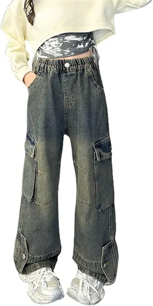 Kids Girls Denim Y2K Baggy Jeans Wide Leg Flare Streetwear Hip Hop Loose Fit Elastic High Waisted Oversized Solid Pants