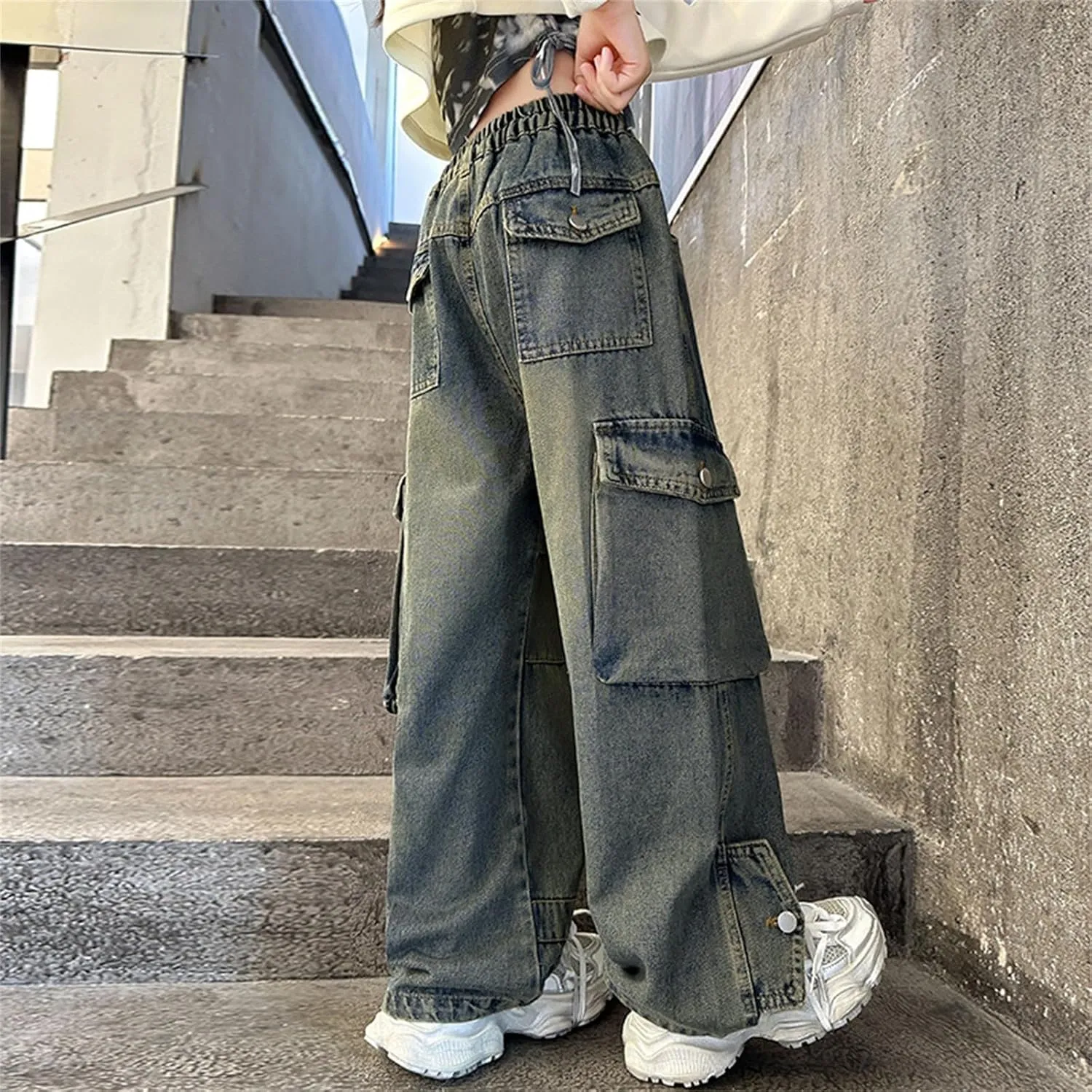 Kids Girls Denim Y2K Baggy Jeans Wide Leg Flare Streetwear Hip Hop Loose Fit Elastic High Waisted Oversized Solid Pants