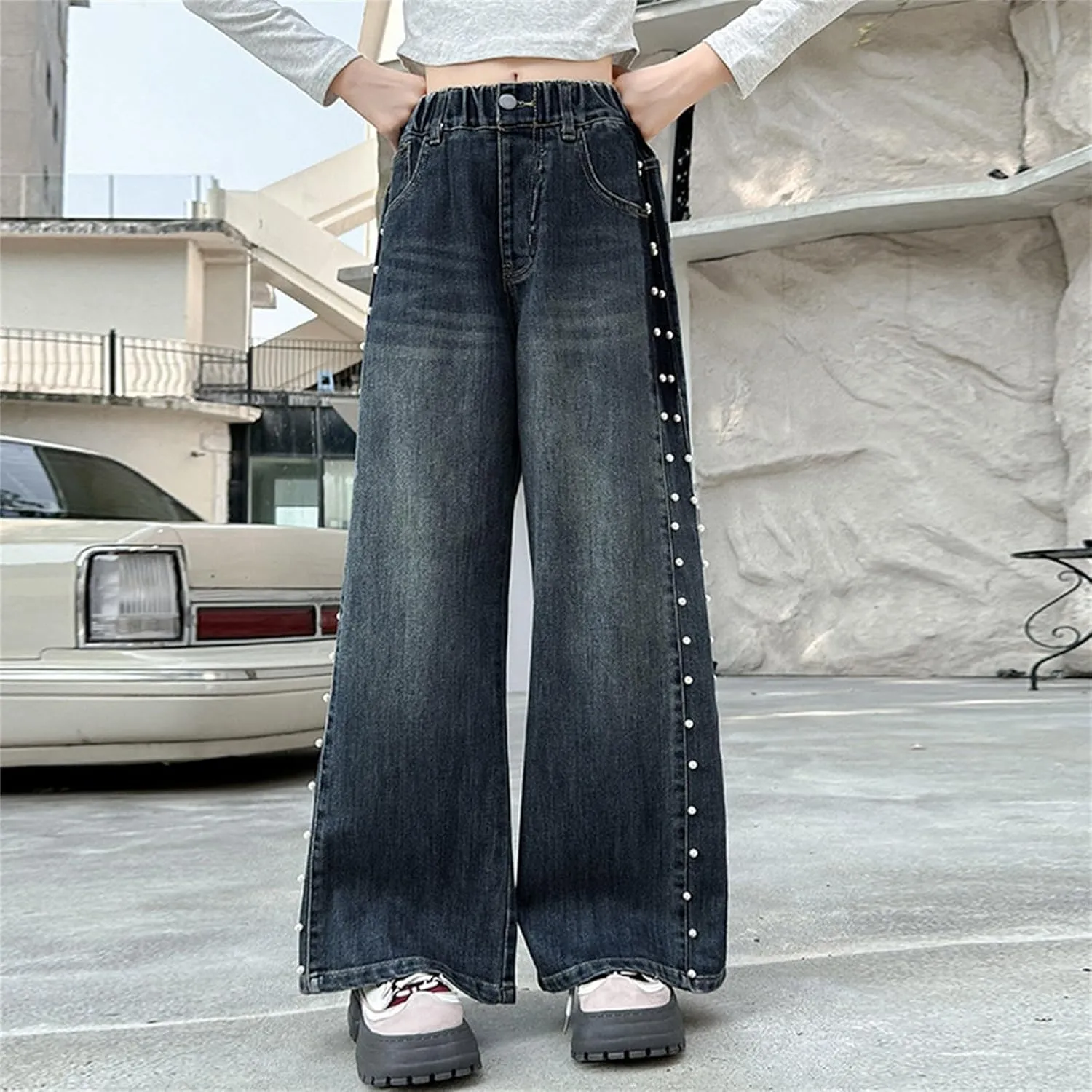 Kids Girls High Waist Baggy Jeans Teens Elastic Distressed Washed Solid Color Loose Fit Pearl Decor Loose Fit Jeans