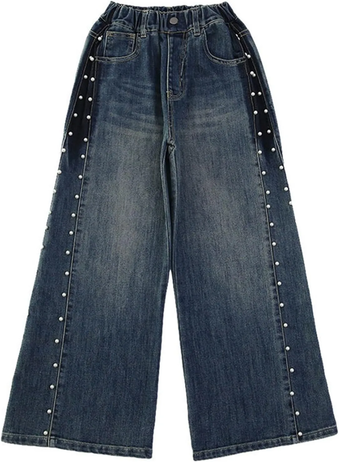 Kids Girls High Waist Baggy Jeans Teens Elastic Distressed Washed Solid Color Loose Fit Pearl Decor Loose Fit Jeans