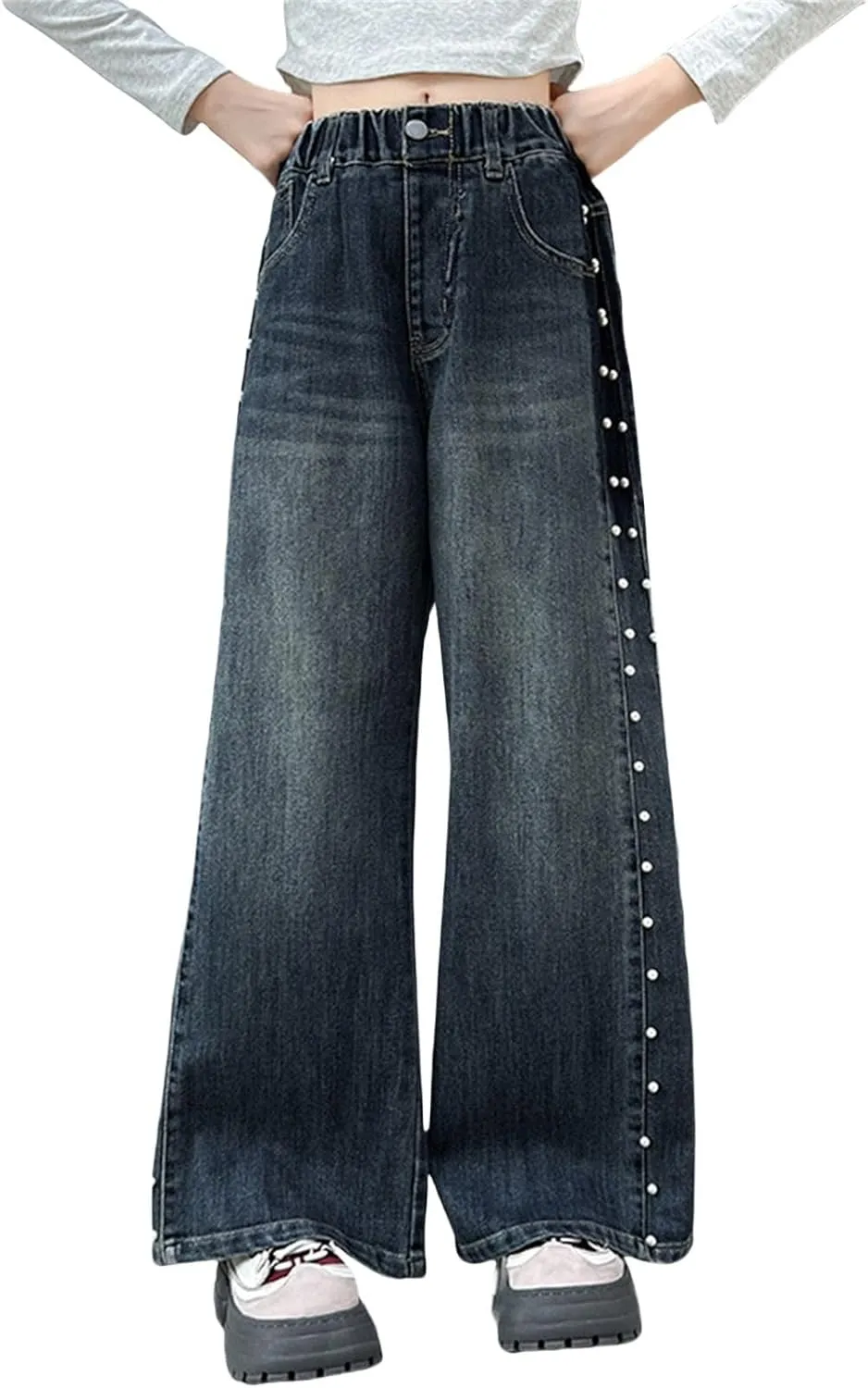 Kids Girls High Waist Baggy Jeans Teens Elastic Distressed Washed Solid Color Loose Fit Pearl Decor Loose Fit Jeans