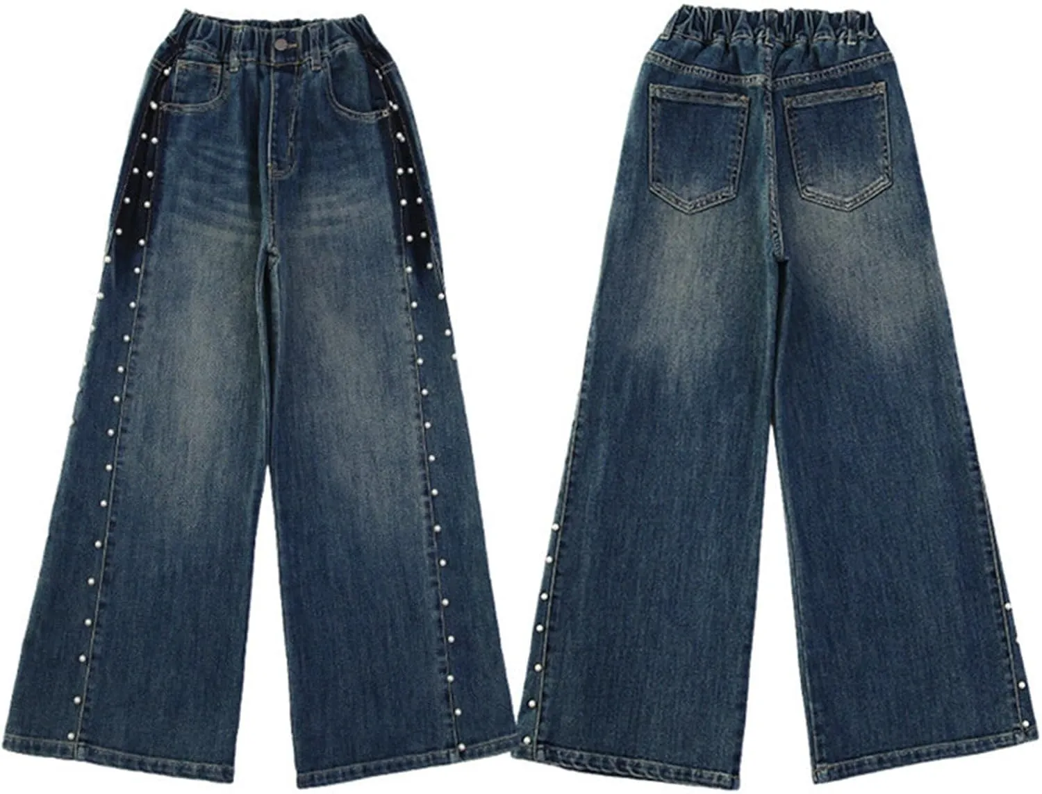 Kids Girls High Waist Baggy Jeans Teens Elastic Distressed Washed Solid Color Loose Fit Pearl Decor Loose Fit Jeans