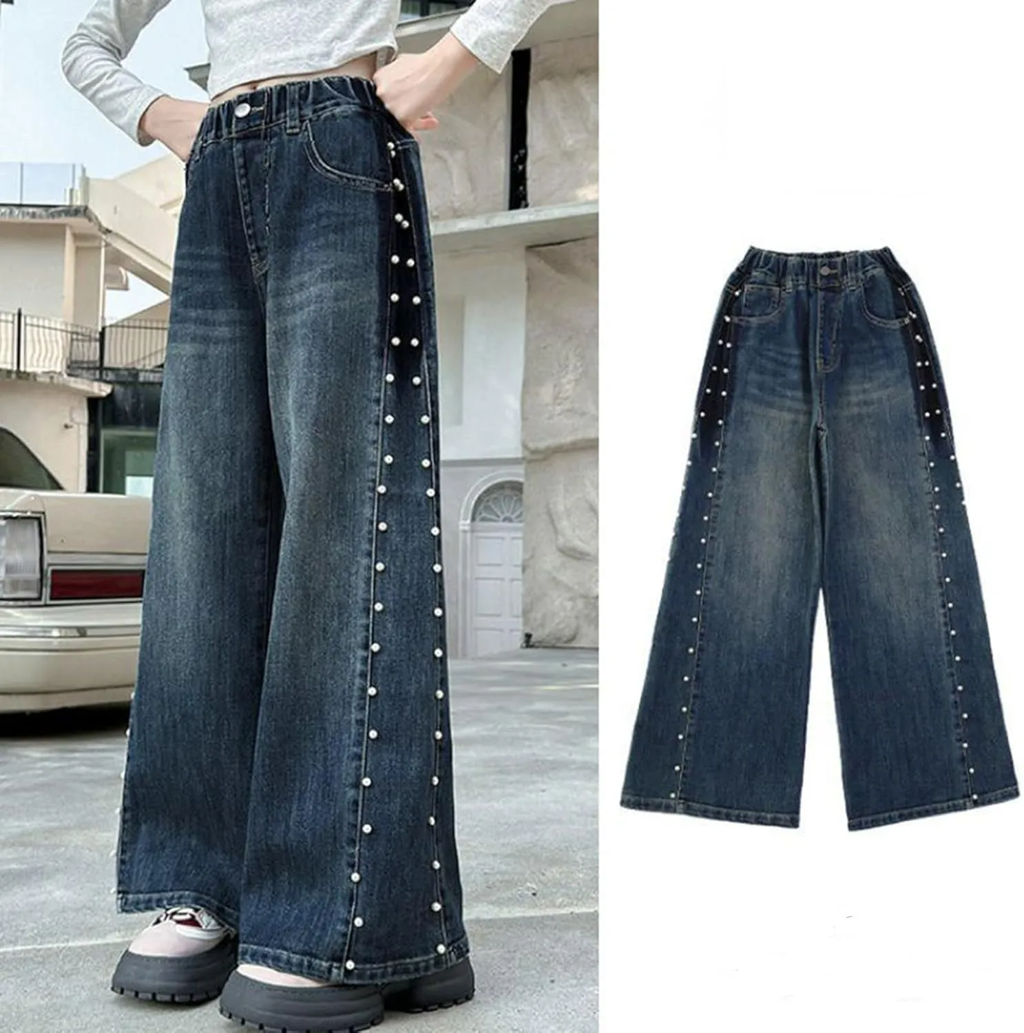 Kids Girls High Waist Baggy Jeans Teens Elastic Distressed Washed Solid Color Loose Fit Pearl Decor Loose Fit Jeans